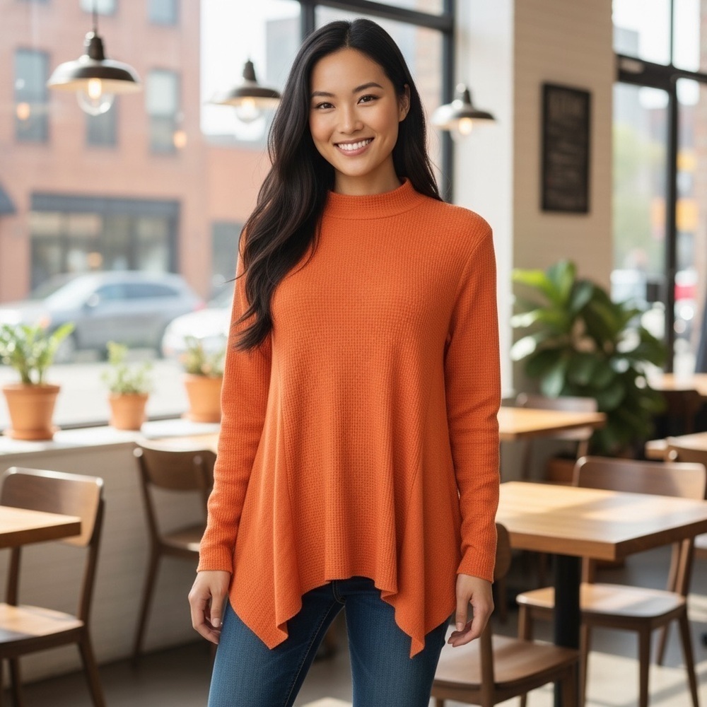 T.La Anthropologie Orange Waffle Mockneck Long Sleeve Knit Thermal Tunic
New